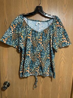 Cato Teal and Orange Mushroom Drawstring Top